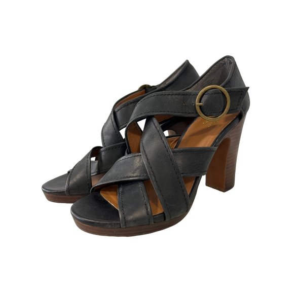 Seychelles Open Toe Strappy Heels Womens 9 Black Leather Buckle Strap Cocktail - Picture 1 of 11